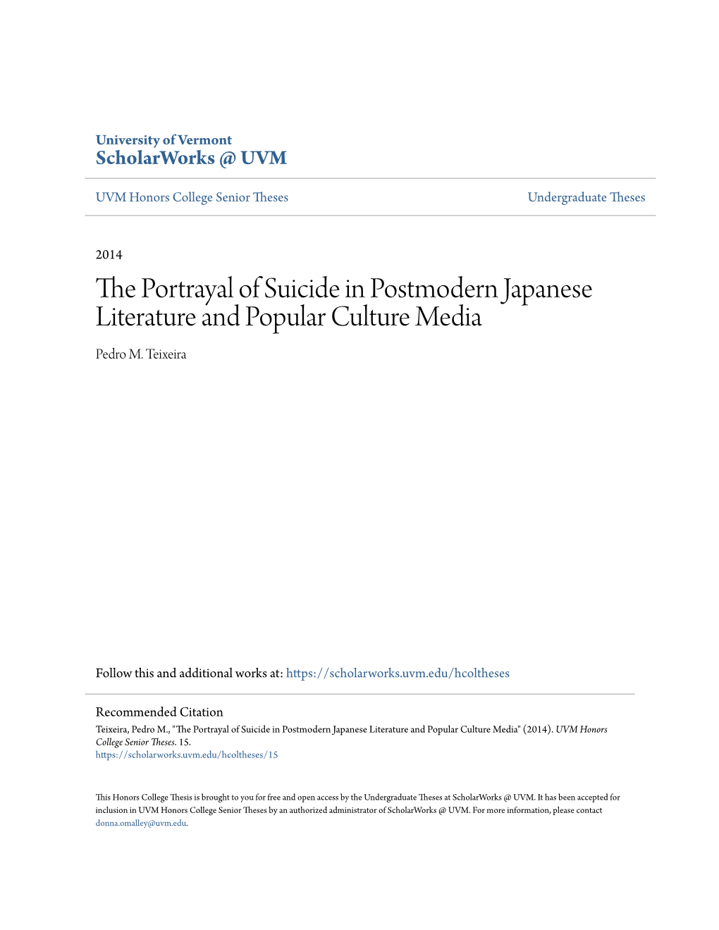 The Portrayal of Suicide in Postmodern Japanese Literature and Popular Culture Media