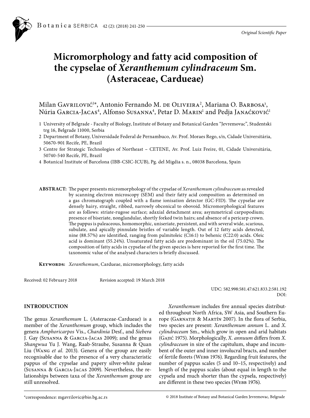 Micromorphology and Fatty Acid Composition of the Cypselae of Xeranthemum Cylindraceum Sm