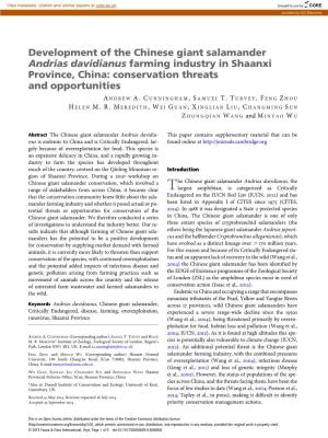 Development of the Chinese Giant Salamander Andrias Davidianus Farming Industry in Shaanxi Province, China: Conservation Threats and Opportunities