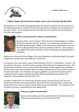 Bulphan Village Community Forum Update Report in Lieu of Meeting 14Th May 2020 Attendance at Our Last Open Meeting Was Down
