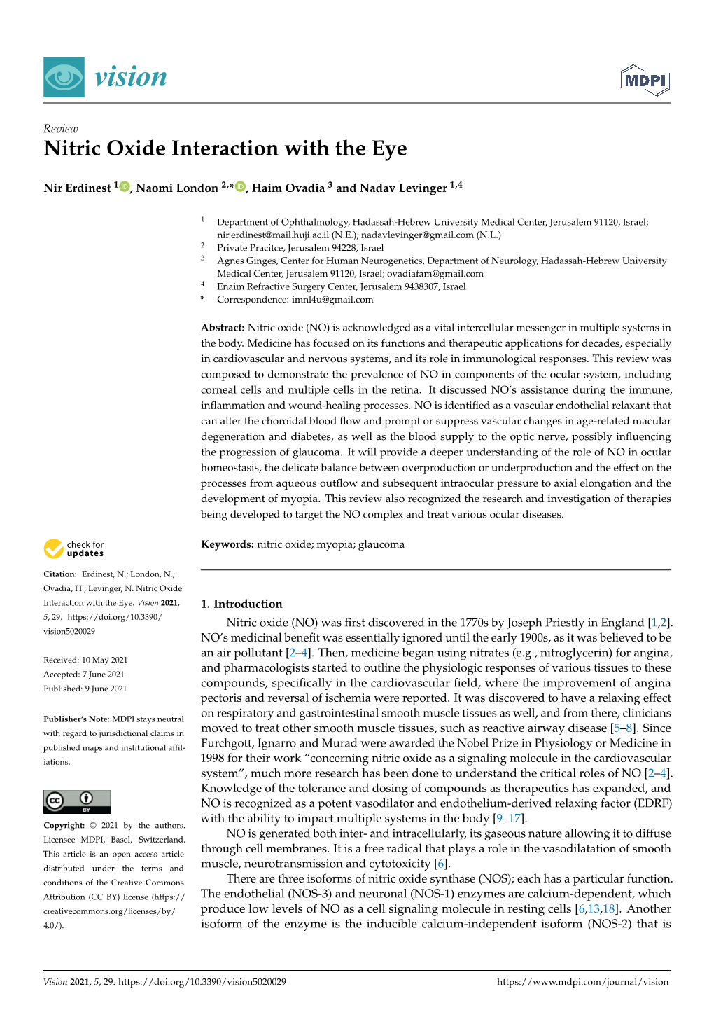 Nitric Oxide Interaction with the Eye