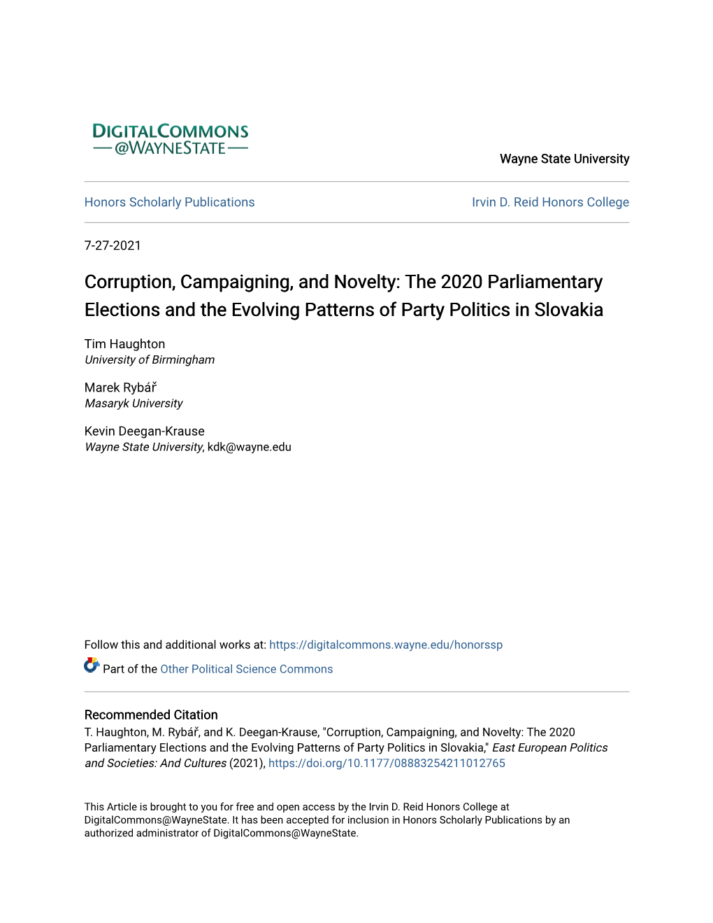 Corruption, Campaigning, and Novelty: the 2020 Parliamentary Elections and the Evolving Patterns of Party Politics in Slovakia