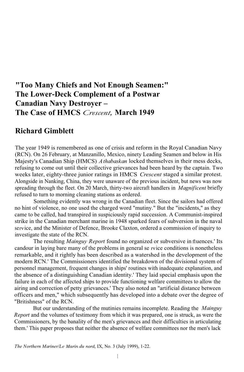 The Lower-Deck Complement of a Postwar Canadian Navy Destroyer – the Case of HMCS Crescent, March 1949