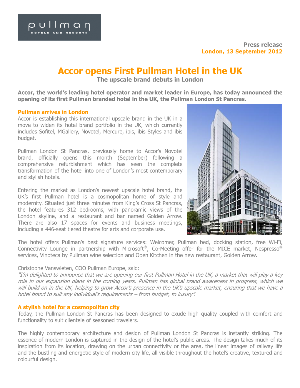 Accor Opens First Pullman Hotel in the UK the Upscale Brand Debuts in London