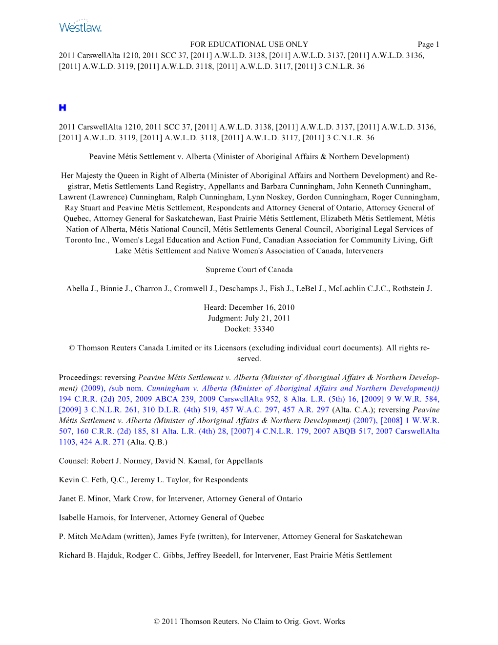 Peavine Metis Settlement V. Alberta (2001), (Sub Nom