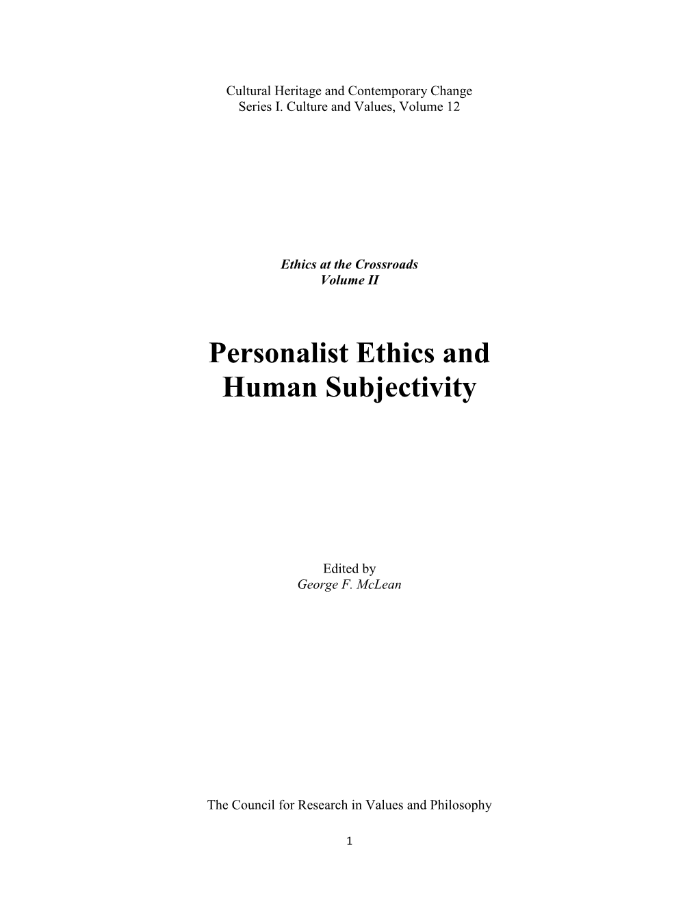 Personalist Ethics and Human Subjectivity