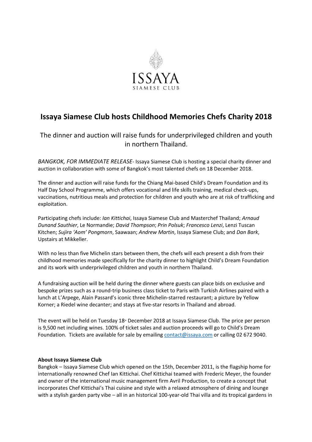 Issaya Siamese Club Hosts Childhood Memories Chefs Charity 2018