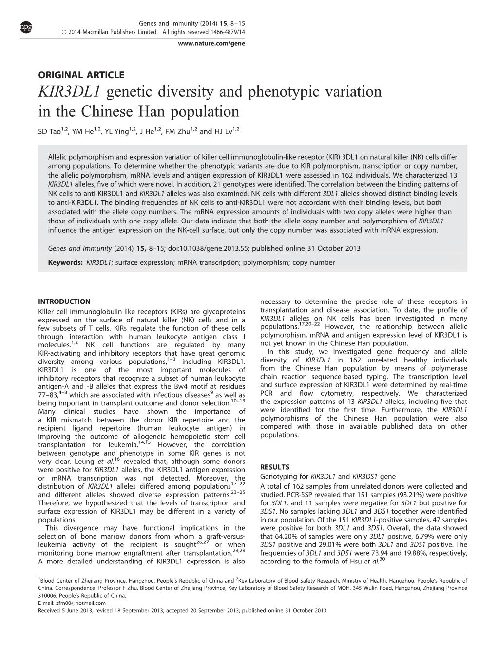 KIR3DL1 Genetic Diversity and Phenotypic Variation in the Chinese Han Population