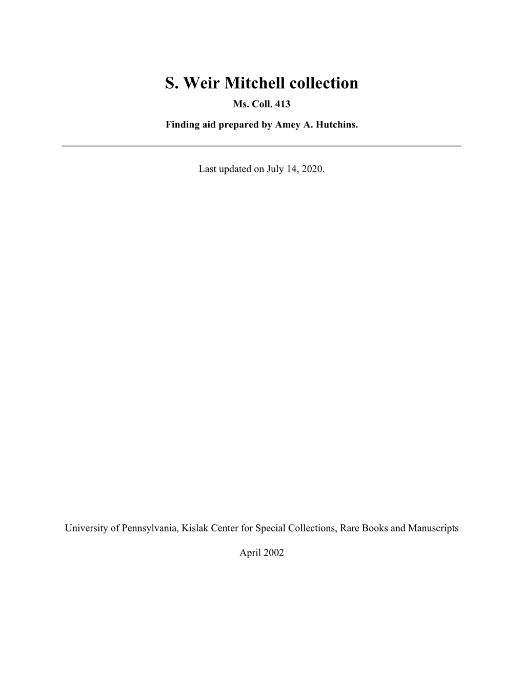 S. Weir Mitchell Collection Ms