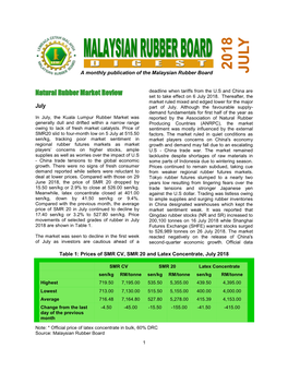 2018 JULY a Monthly Publication of the Malaysian Rubber Board