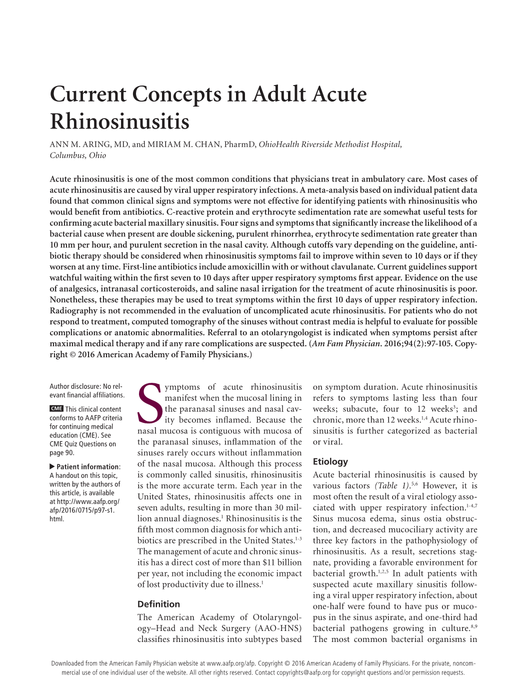 Current Concepts in Adult Acute Rhinosinusitis ANN M