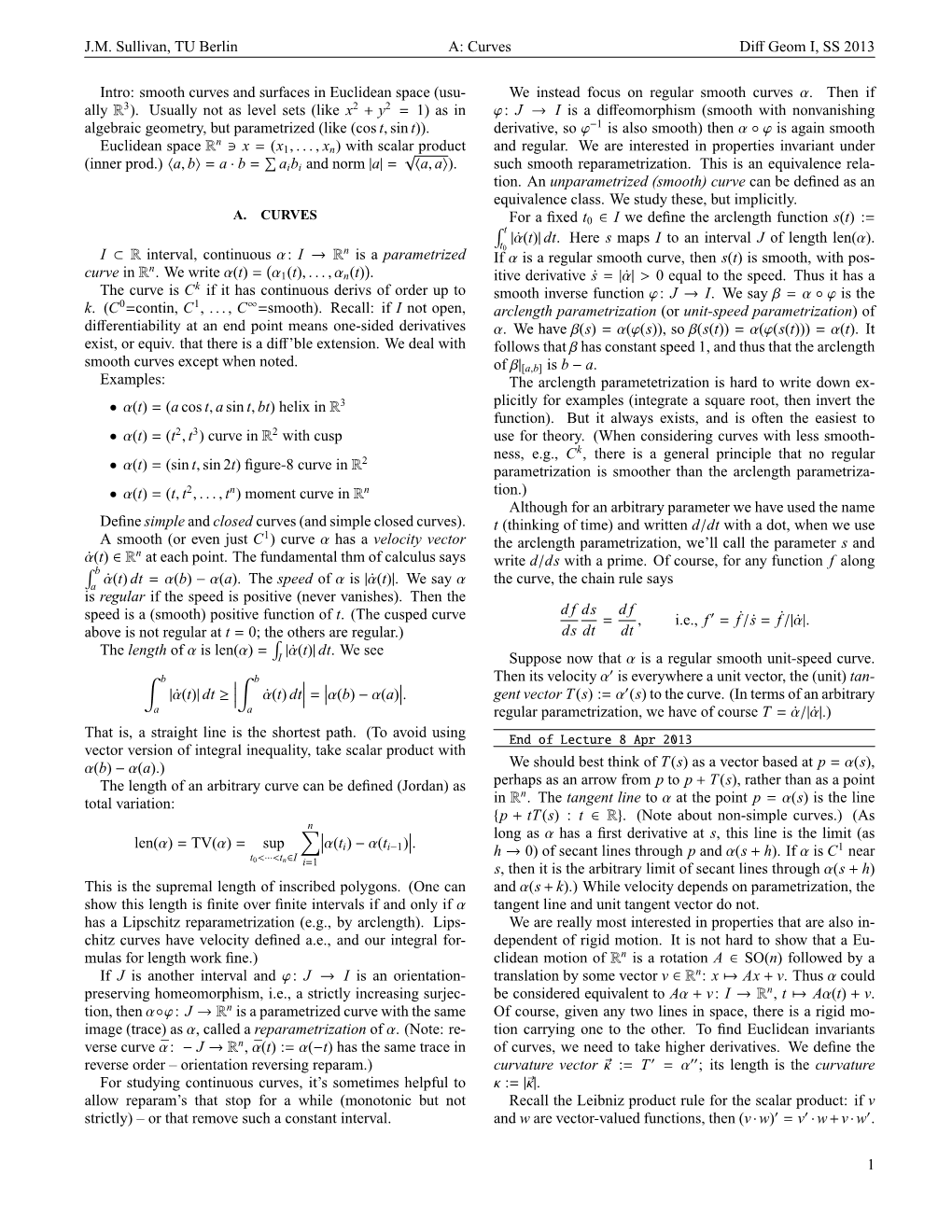 J.M. Sullivan, TU Berlin A: Curves Diff Geom I, SS 2013 Intro: Smooth