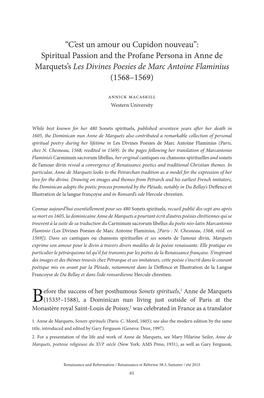 Spiritual Passion and the Profane Persona in Anne De Marquets’S Les Divines Poesies De Marc Antoine Flaminius (1568–1569)