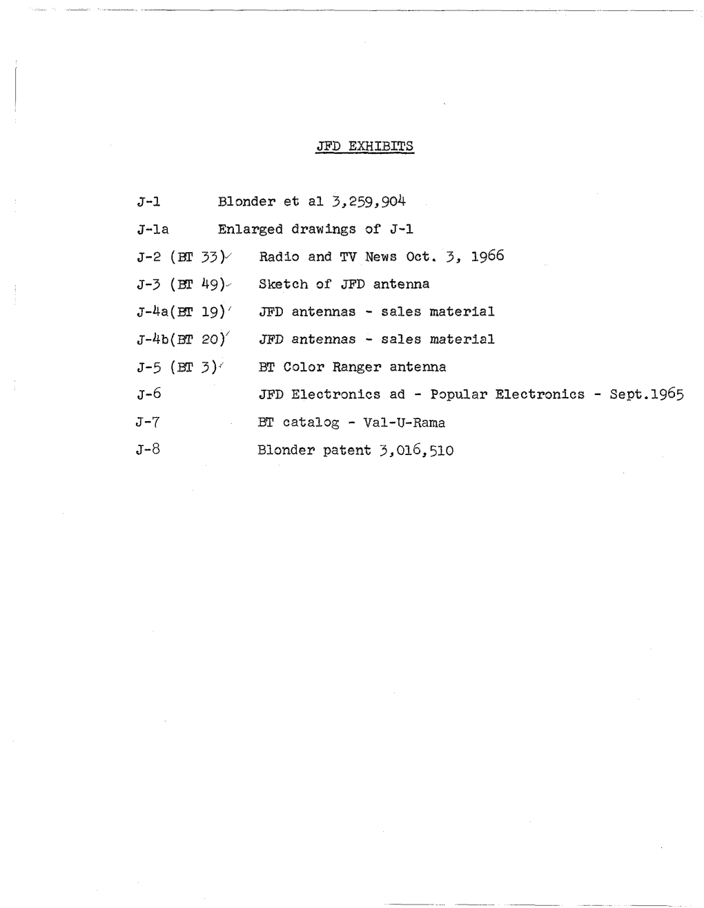 JFD EXHIBITS J-L Blonder Et Al 3,259,904 J-La Enlarged Drawings of J-L J-2 (BT 33)/ Radio and TV News Oct. 3, 1966 J-3 (BT 49)