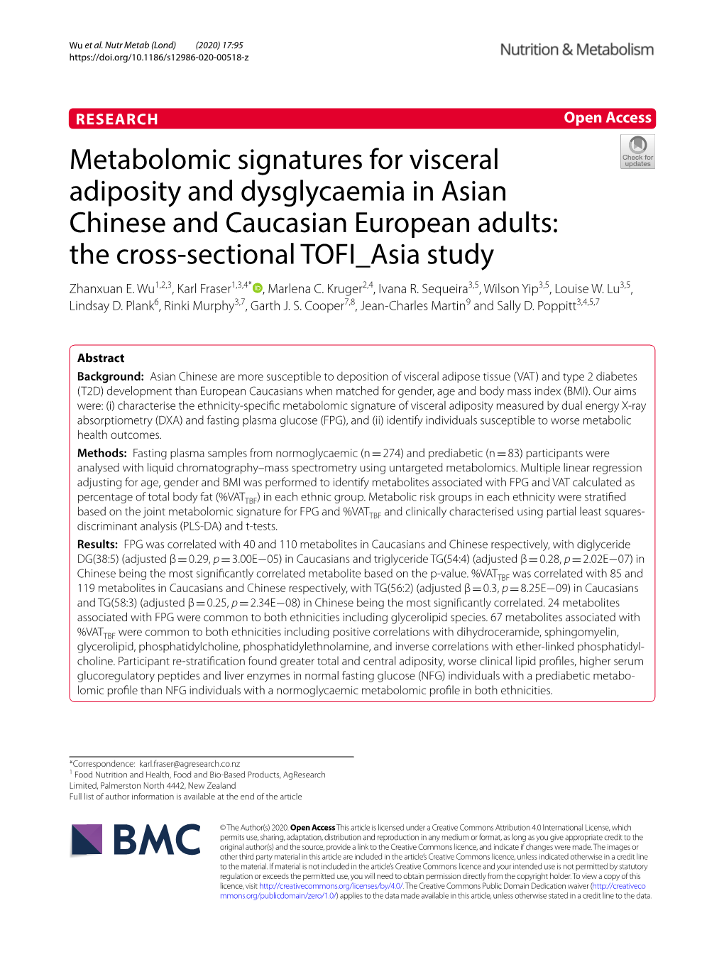 Metabolomic Signatures for Visceral Adiposity and Dysglycaemia in Asian Chinese and Caucasian European Adults: the Cross‑Sectional TOFI Asia Study Zhanxuan E