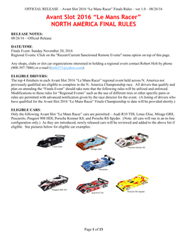 Avant Slot 2016 Le Mans Racer National Rules