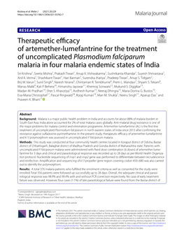 Plasmodium Falciparum Malaria in Four Malaria Endemic States of India Sri Krishna1, Sweta Mishra1, Prakash Tiwari1, Anup K