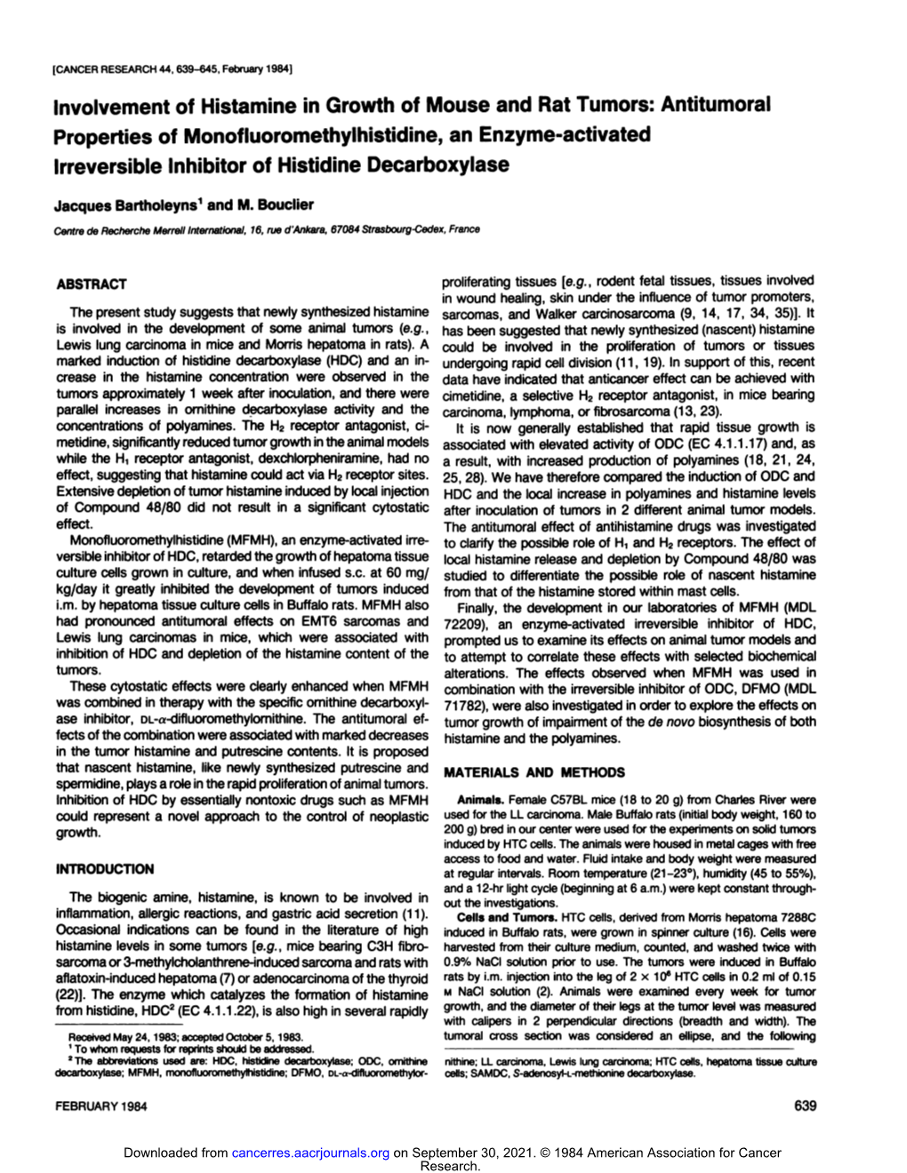 Involvement of Histamine in Growth of Mouse and Rat Tumors