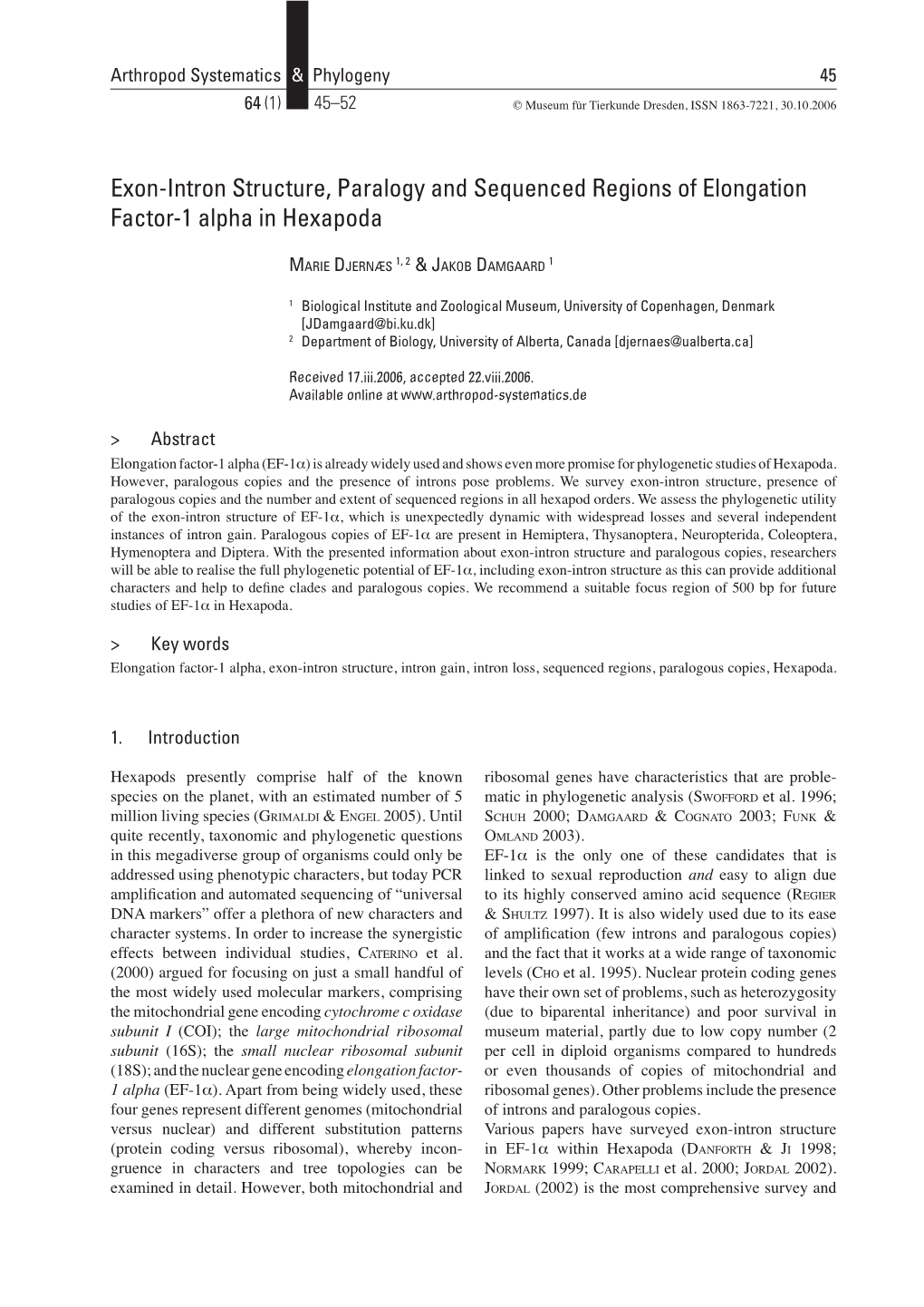 Exon-Intron Structure, Paralogy and Sequenced Regions of Elongation Factor-1 Alpha in Hexapoda