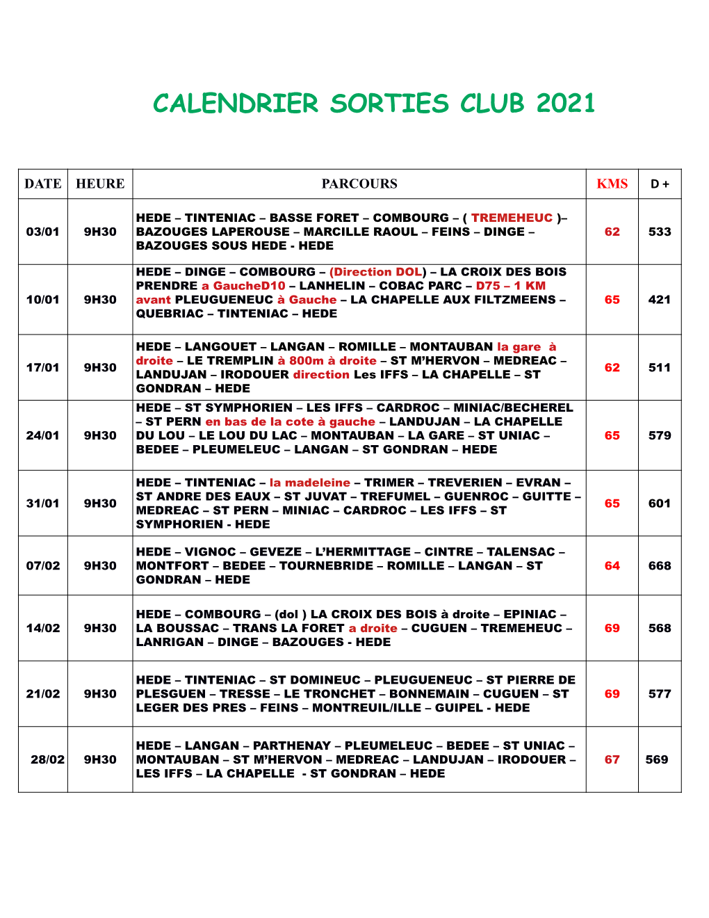 Calendrier Sorties Club 2021