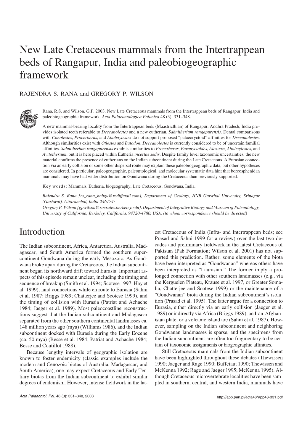 New Late Cretaceous Mammals from the Intertrappean Beds of Rangapur, India and Paleobiogeographic Framework