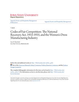 Codes of Fair Competition: the National Recovery Act, 1933-1935, and the Women's Dress Manufacturing Industry