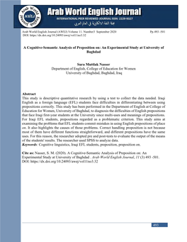 A Cognitive-Semantic Analysis of Preposition On: an Experimental Study at University of Baghdad