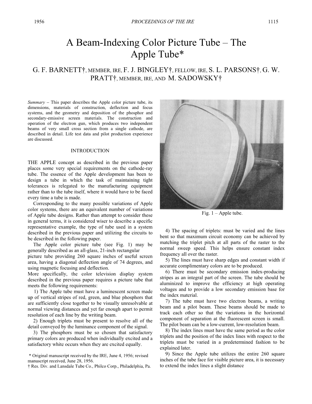 A Beam-Indexing Color Picture Tube – the Apple Tube*