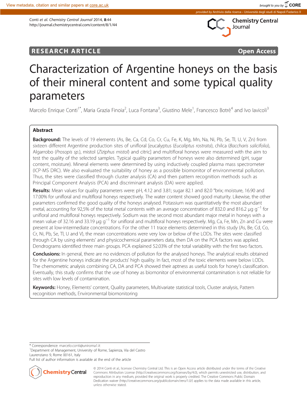 Characterization of Argentine Honeys on the Basis of Their Mineral Content