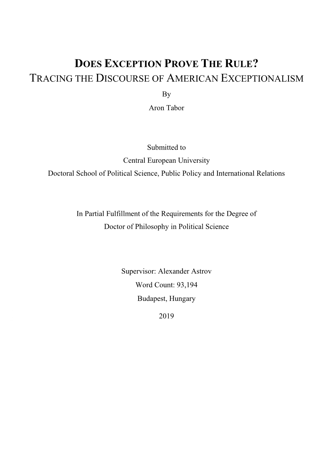 TRACING the DISCOURSE of AMERICAN EXCEPTIONALISM by Aron Tabor