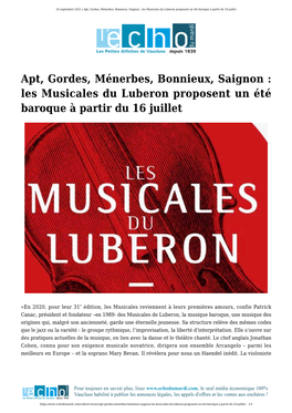 Apt, Gordes, Ménerbes, Bonnieux, Saignon : Les Musicales Du Luberon Proposent Un Été Baroque À Partir Du 16 Juillet
