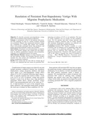 Resolution of Persistent Post-Stapedotomy Vertigo with Migraine Prophylactic Medication