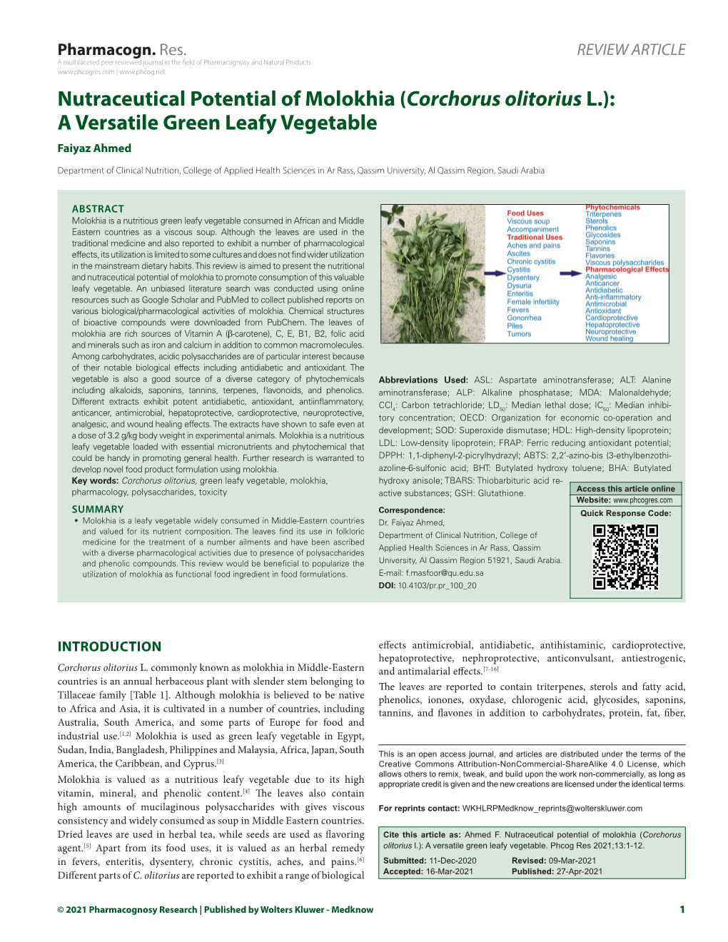 Nutraceutical Potential of Molokhia (Corchorus Olitorius L.): a Versatile Green Leafy Vegetable Faiyaz Ahmed