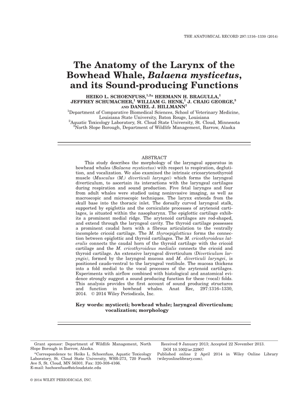 The Anatomy of the Larynx of the Bowhead Whale, Balaena Mysticetus, and Its Sound-Producing Functions