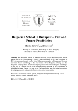 Bulgarian School in Budapest – Past and Future Possibilities