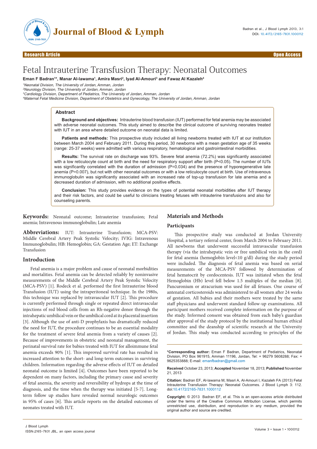 Fetal Intrauterine Transfusion Therapy: Neonatal Outcomes