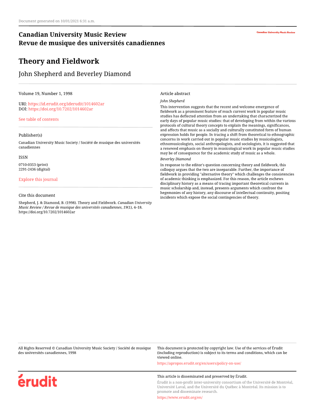 Theory and Fieldwork John Shepherd and Beverley Diamond