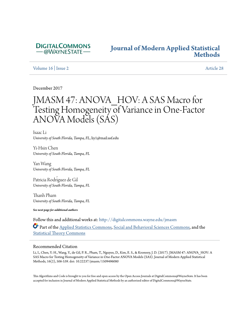 JMASM 47: ANOVA HOV: a SAS Macro for Testing Homogeneity Of