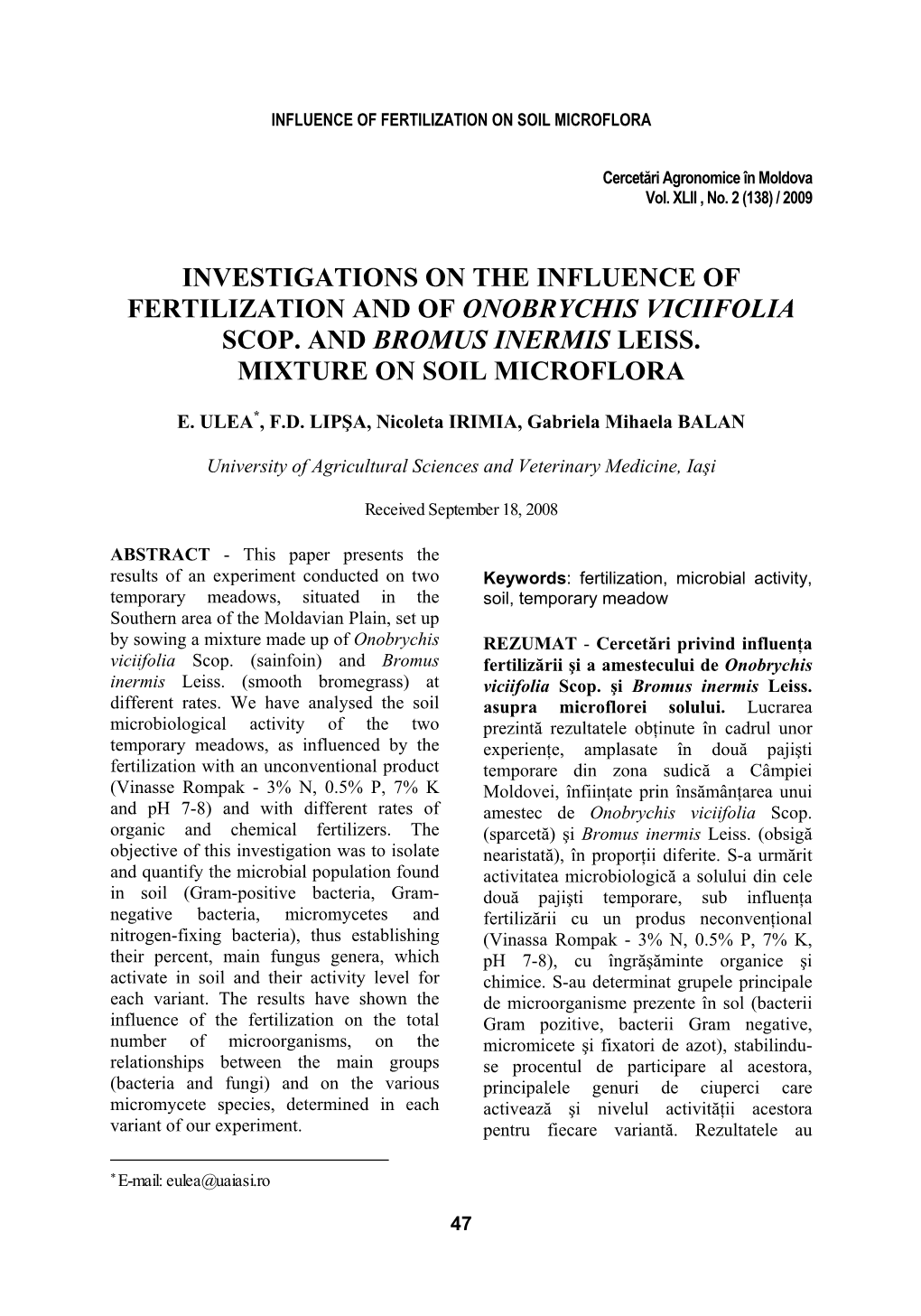 Investigations on the Influence of Fertilization and of Onobrychis Viciifolia Scop