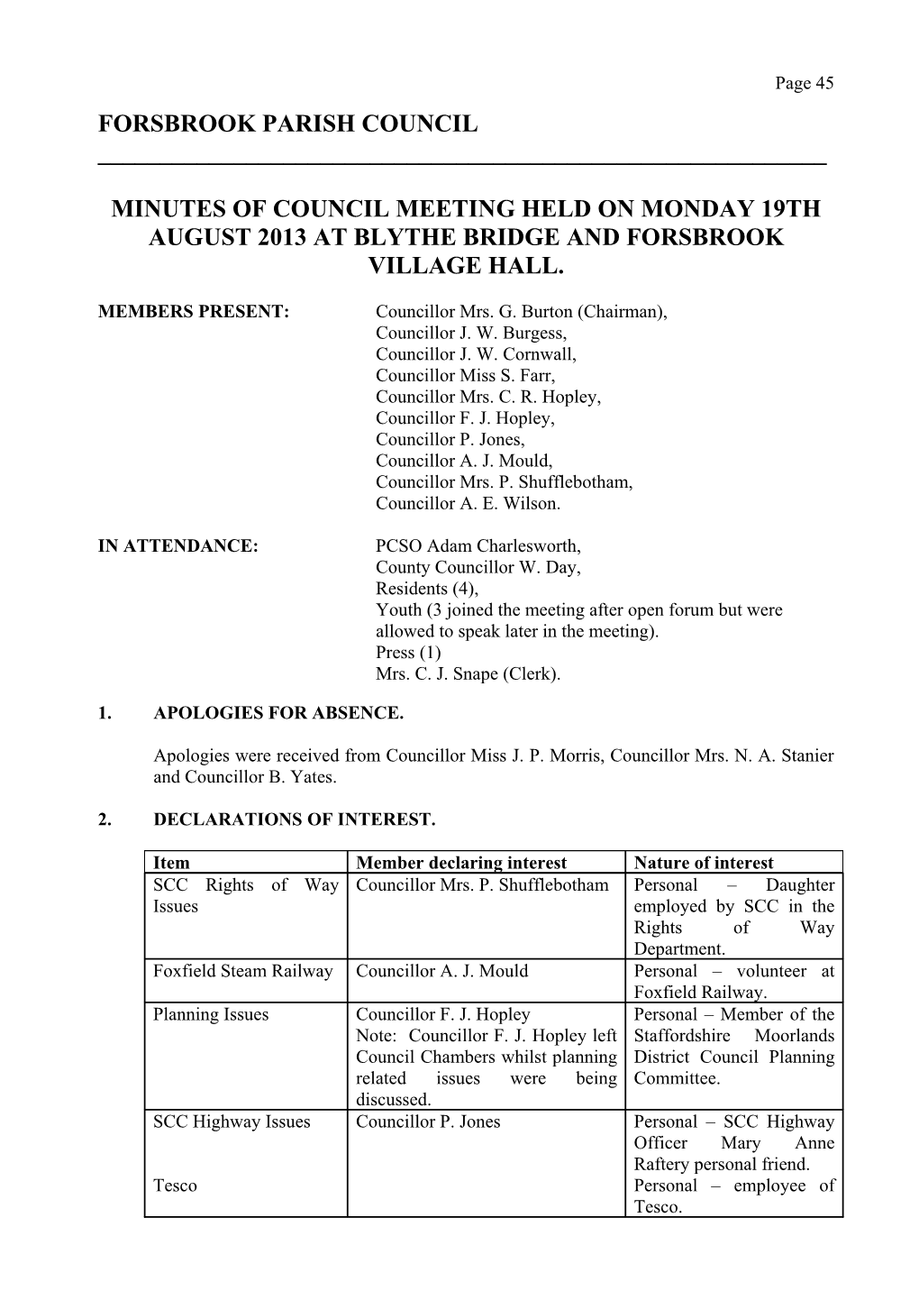 Minutes of Council Meeting Held on Monday 19Th August 2013 at Blythe Bridge and Forsbrook Village Hall