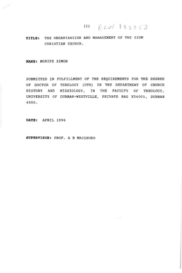 (I) the ORGANISATION and MANAGEMENT of the ZION CHRISTIAN CHURCH. NAME: MORIPE SIMON SUBMITTED in FULFILLMENT of the REQUIREMENT