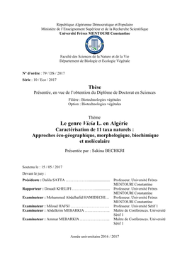 Le Genre Vicia L. En Algérie Caractérisation De 11 Taxa Naturels : Approches Éco-Géographique, Morphologique, Biochimique Et Moléculaire
