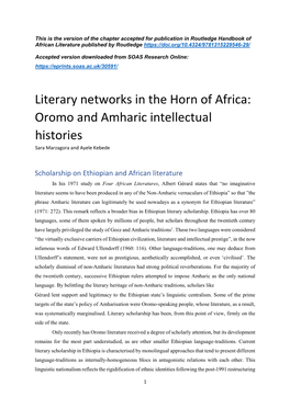 Literary Networks in the Horn of Africa: Oromo and Amharic Intellectual Histories Sara Marzagora and Ayele Kebede
