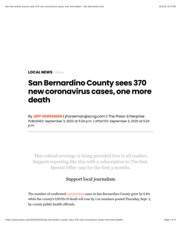San Bernardino County Sees 370 New Coronavirus Cases, One More Death – San Bernardino Sun 9/3/20, 9:15 PM