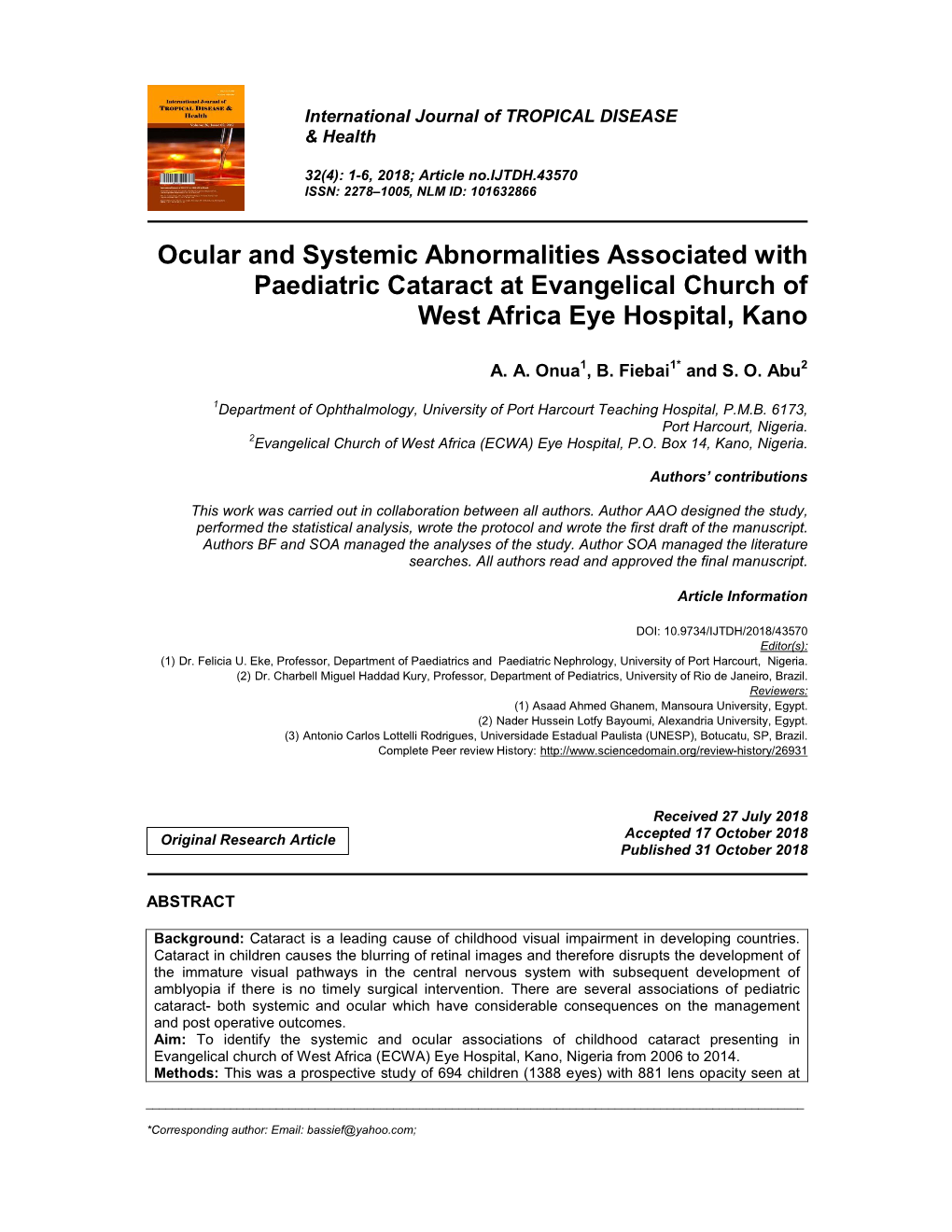 Ocular and Systemic Abnormalities Associated with Paediatric Cataract at Evangelical Church of West Africa Eye Hospital, Kano