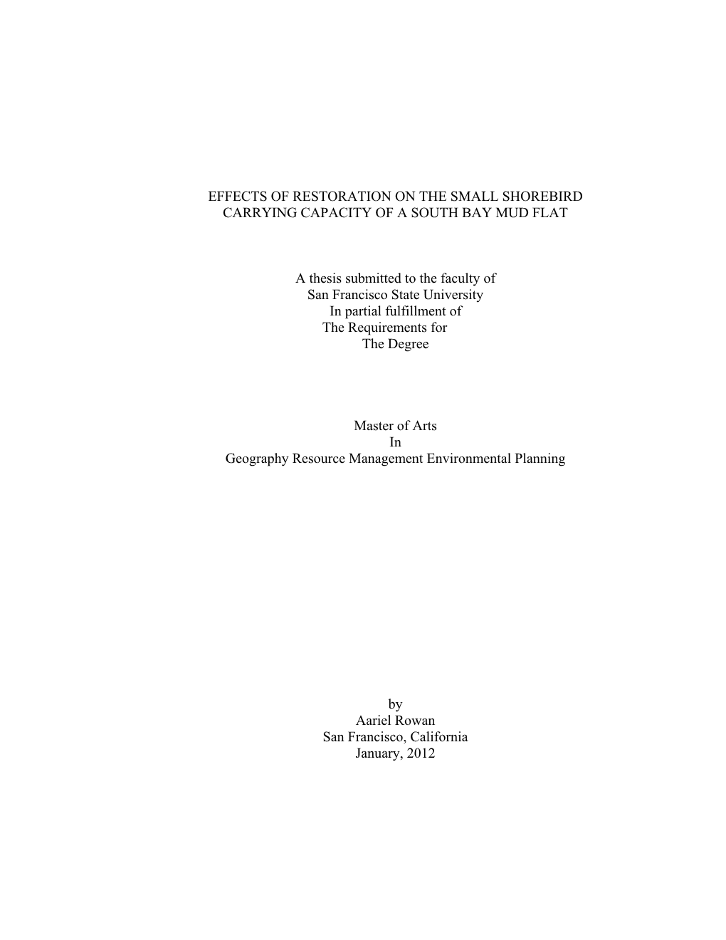 Effects of Restoration on the Small Shorebird Carrying Capacity of a South Bay Mud Flat