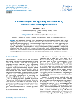 A Brief History of Ball Lightning Observations by Scientists and Trained Professionals