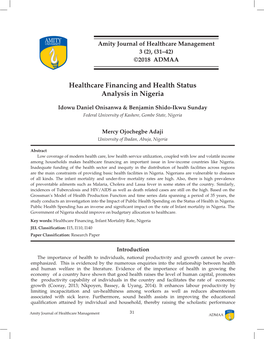 Healthcare Financing and Health Status Analysis in Nigeria