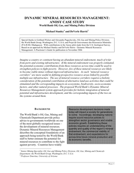 DYNAMIC MINERAL RESOURCES MANAGEMENT: ANOSY CASE STUDY World Bank Oil, Gas, and Mining Policy Division