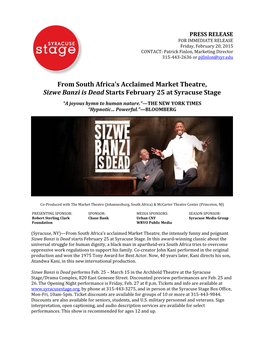 From South Africa's Acclaimed Market Theatre, Sizwe Banzi Is Dead Starts February 25 at Syracuse Stage
